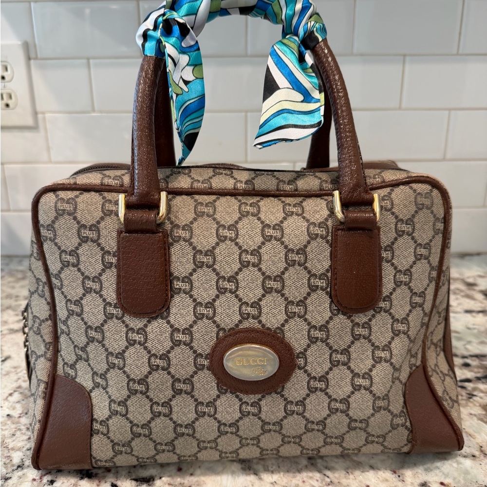 Gucci Brown and Cream Satchel with Patterned Scarf